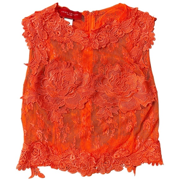 AKIRA Tops - AKIRA Orange Red Label Back Zip Up Floral Lace Blouse Size Small